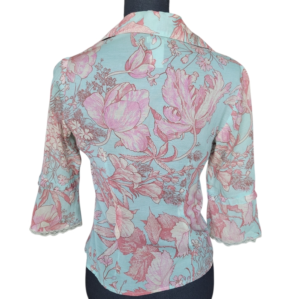 Odille Anthropologie Teal and Pink Vintage Floral Lace Trim Blouse Womens Size 2 - Picture 4 of 10